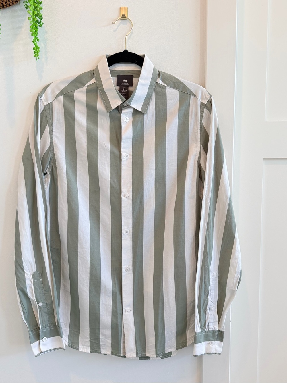 H&M Men's Vertical Stripe Button-Down Shirt — Sage Green & White